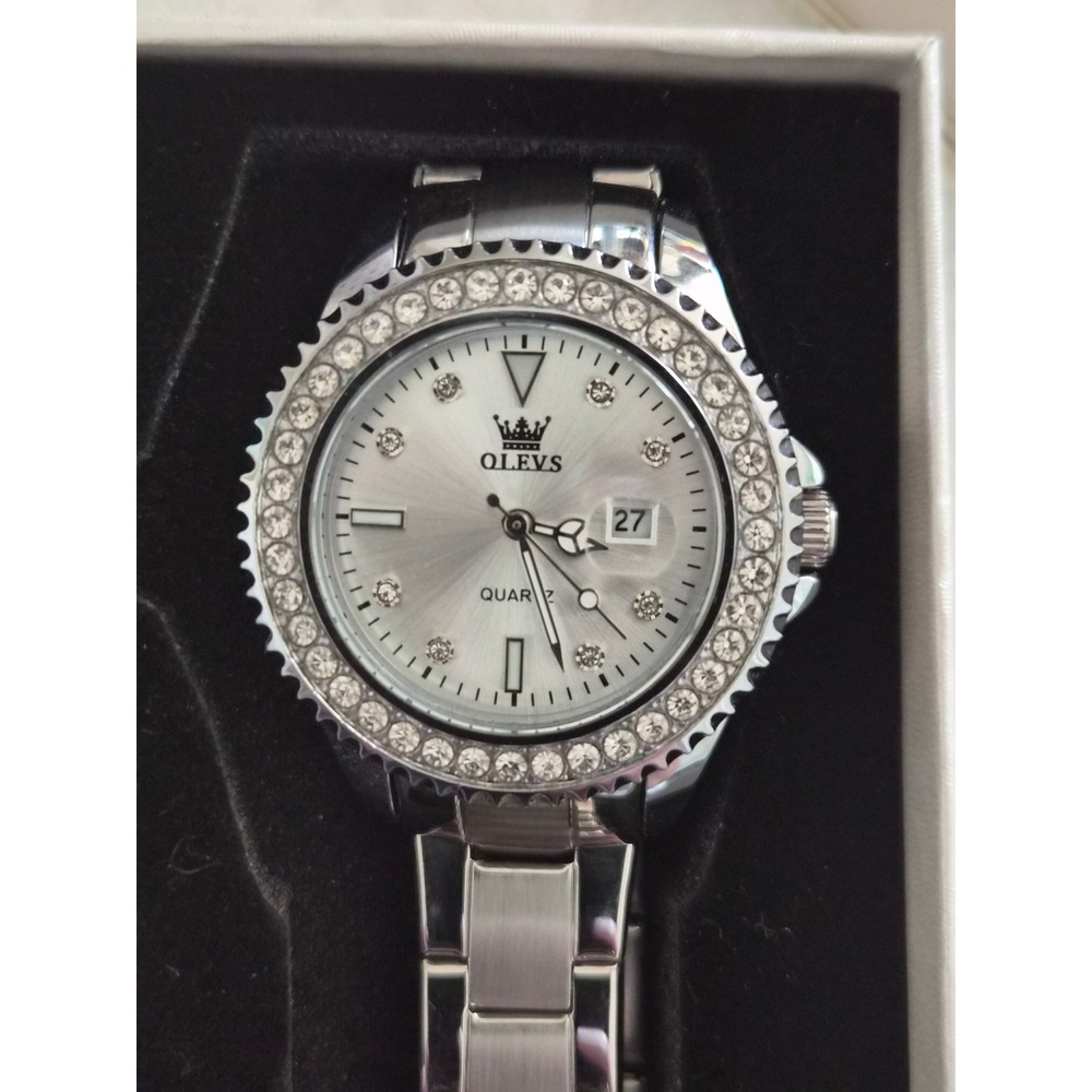 OLEVS Womens Silver Quartz Watch‎ Crystal Bezel Date Stainless Steel X003Q3IGSR